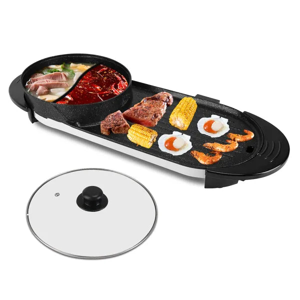 2 In 1 Electric Hot Pot With BBQ Grill Cooker 2200W Smokeless Non-Stick Korean BBQ Grill Shabu Shabu Hot Pot With Independent Temperature Control 5 Gears Firepower For 2-10 People