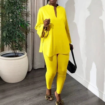 New Solid Color Split V-Neck Top & Skinny Pants Elegant Two-Piece Outfit