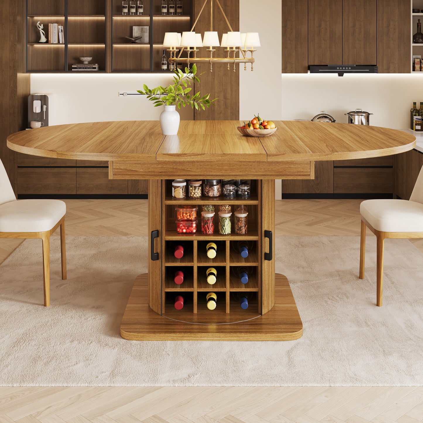 Extendable Dining Table With Storage, Multifunctional Folding Table With Wine Rack, Space-saving Kitchen Table For Small Rooms And Dining Rooms, MDF Tabletop, Natural Brown