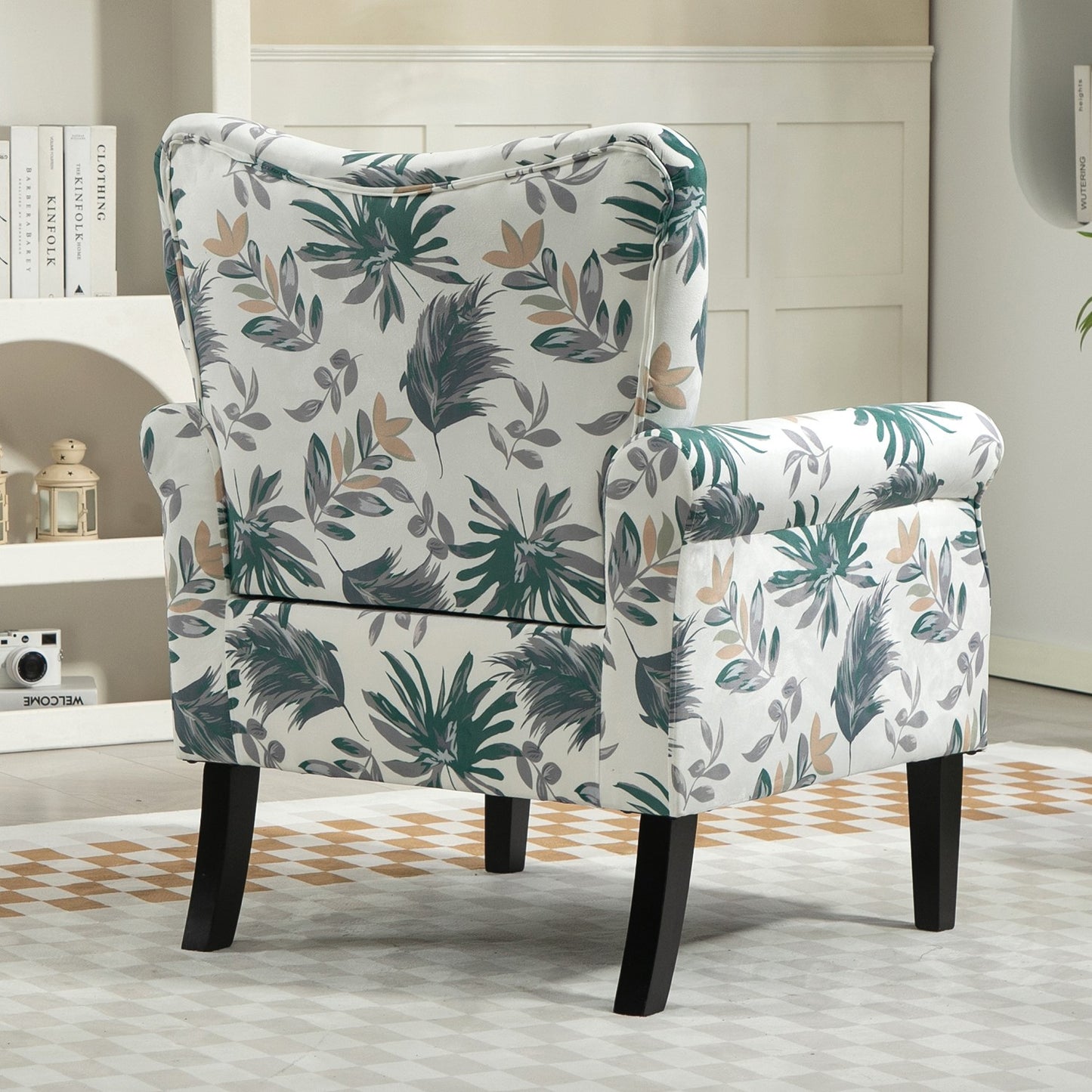 Mid-Century Modern Wingback Accent Chair, Upholstered Fabric Armchair With Sturdy Wood Legs, High-Back Padded Club Chair For Living Room Bedroom Office