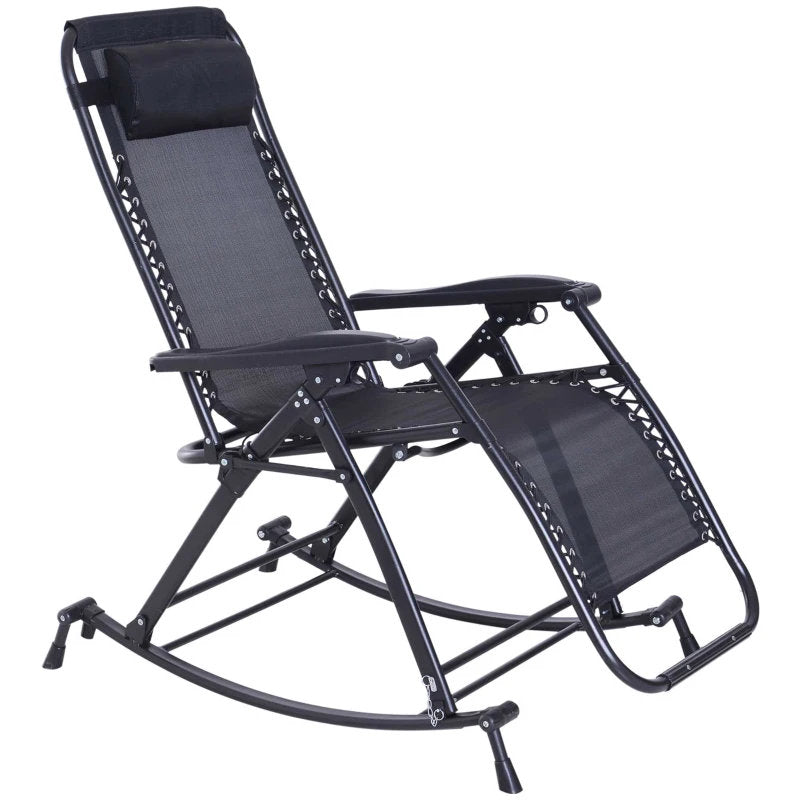 Outdoor Rocking Chairs, Foldable Reclining Zero Gravity Lounge Rocker With Pillow, Cup & Phone Holder, Combo Design With Folding Legs, Black