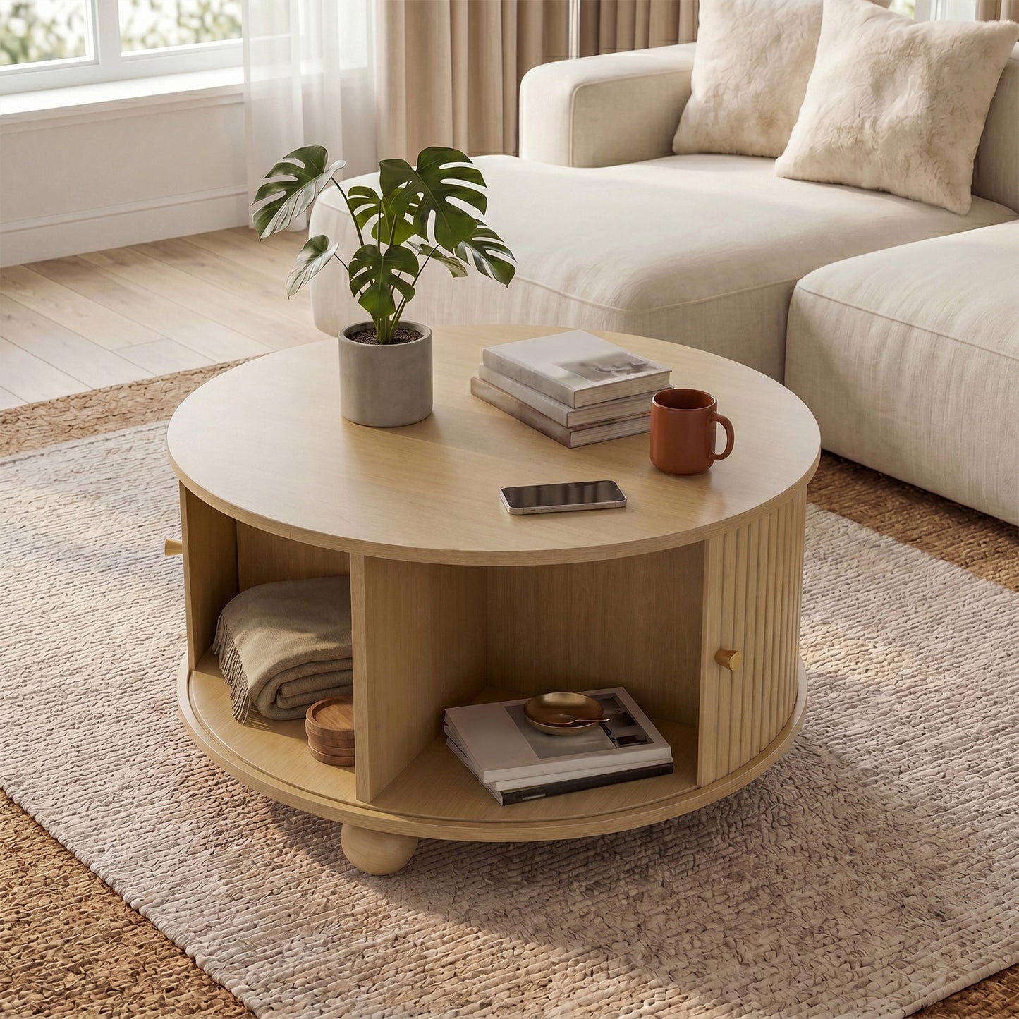 Coffee Table, Round Coffee Table, Living Room Table, Circumferential Vertical Relief Structure, Two Sliding Doors, MDF Body, Metal Handles, Spherical Metal Feet, Four Separate Storage Compartments