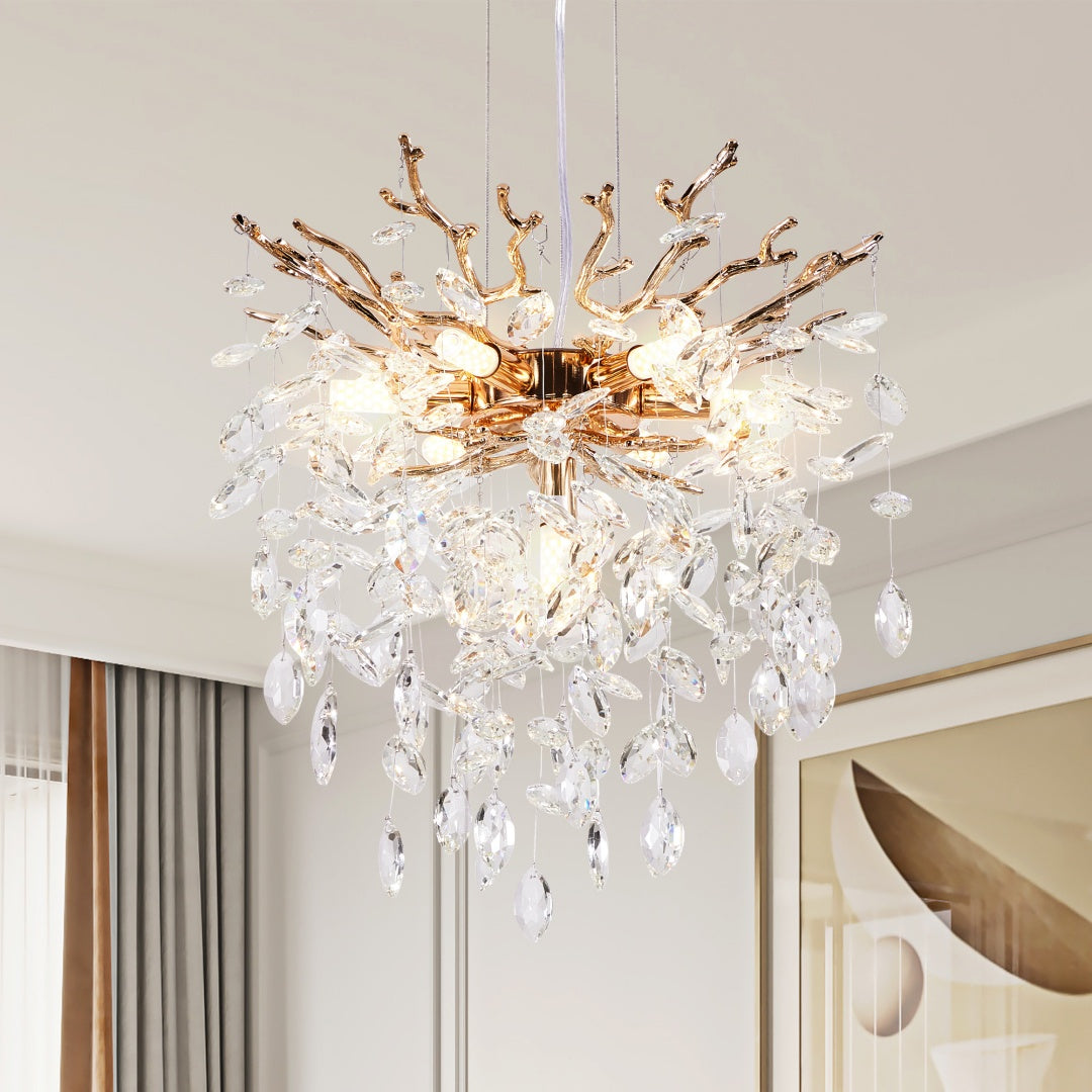 Modern Tree Branch Crystal Chandelier Luxury Gold Crystal Pendant Lighting 18in Contemporary 7-Light Chandeliers For Dining Room Kitchen Bedroom Living Room Bulb Is Not Including