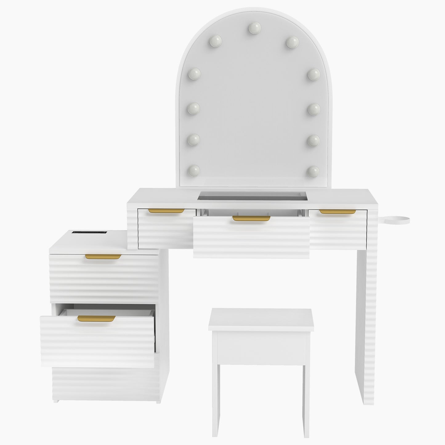 Makeup Vanity Desk With Mirror Lights Glass Tabletop 3 Lighting Modes Adjustable Vanity Table Modern Makeup Desk With Chair Power Outlet And 6 Drawers For Bedroom