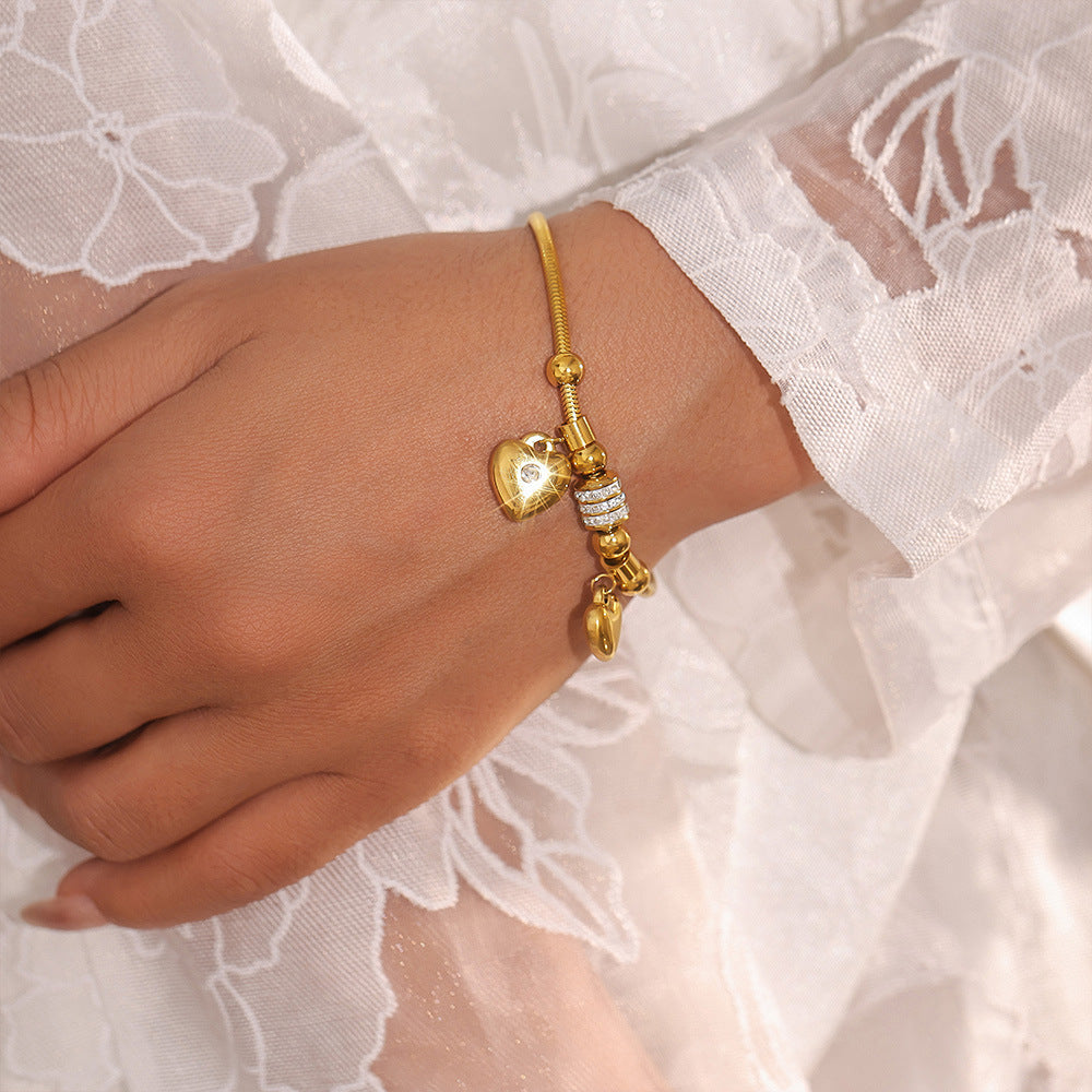 Double Heart Charm Soft Snake Chain Bracelet With Czech Rhinestones And Multiple Accessories