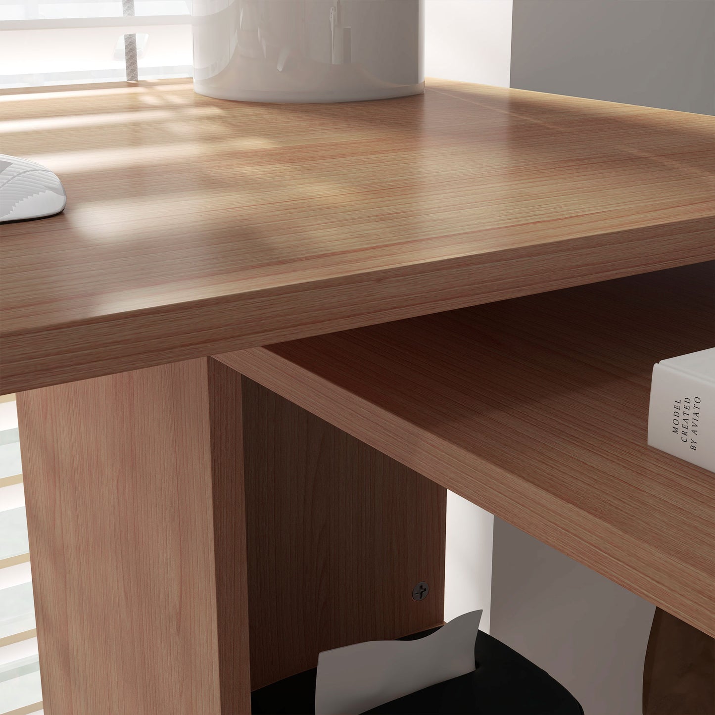 360° Rotating Home Office Desk L Shaped Corner Computer Desk with Storage Shelves, Writing Table Workstation, Teak