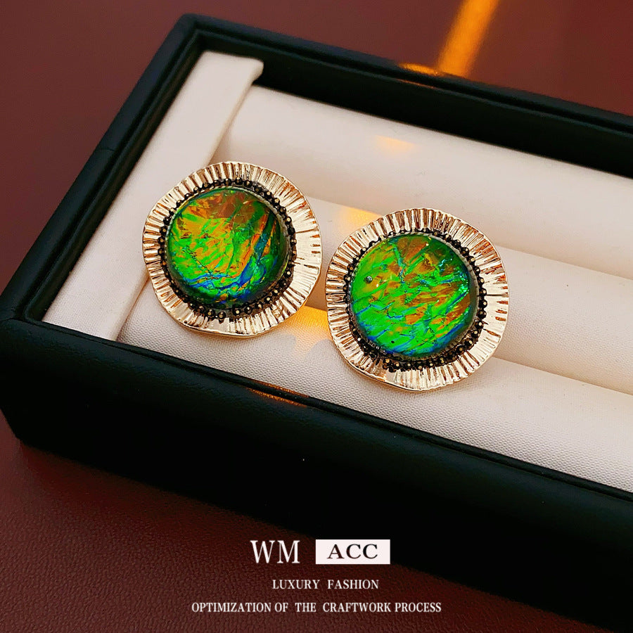 Vintage Fashion Round Resin Stud Earrings - Light Luxury Palace Style, S925 Silver Needle, Premium Niche Jewelry For Women