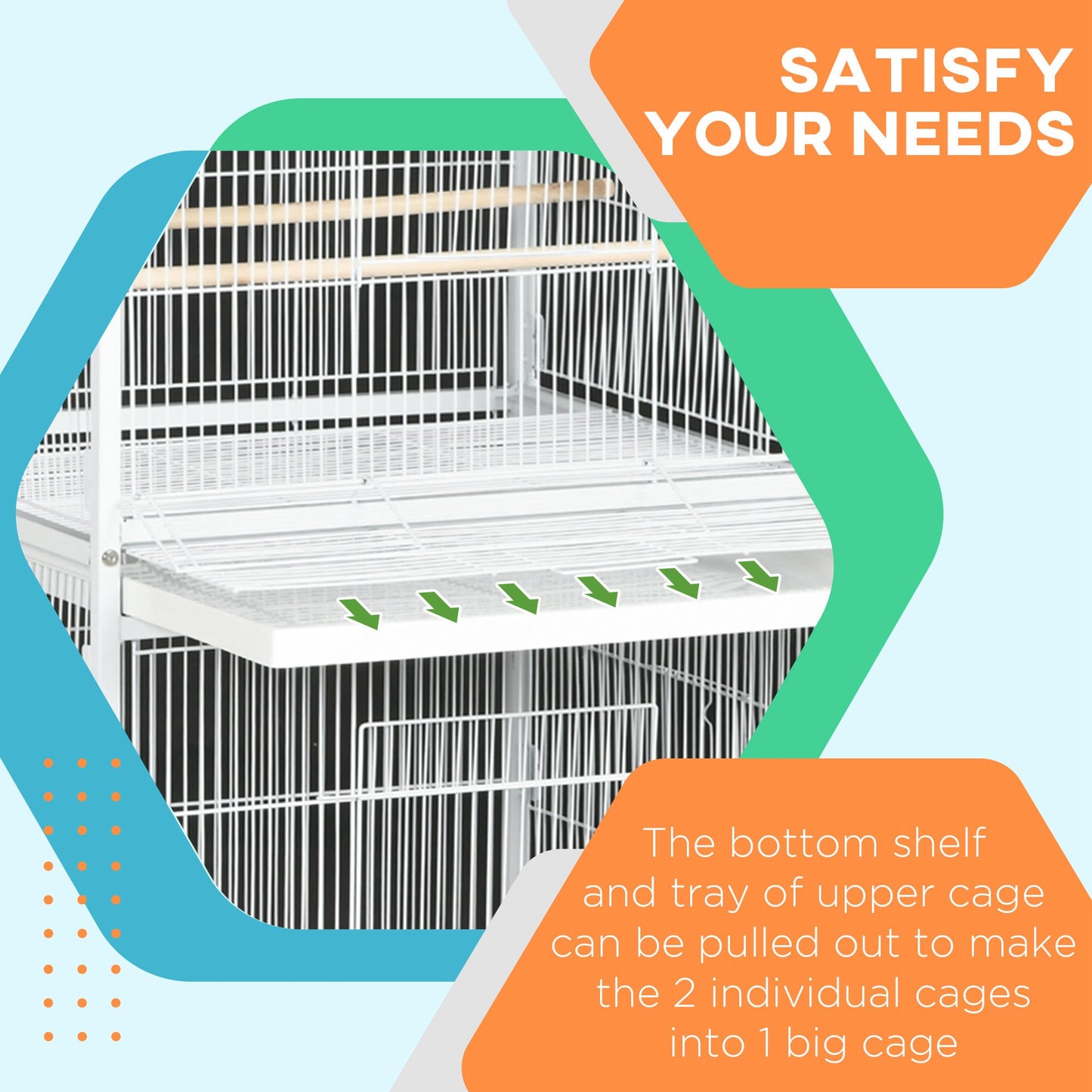 Wrought Metal Bird Cage Feeder with Rolling Stand Perches Food Containers Doors Wheels 67" H, White