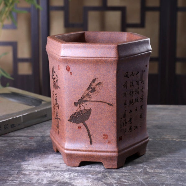 Harmony-Valued Bamboo-Section Hexagonal Purple Clay Flower Pot For The Desk
