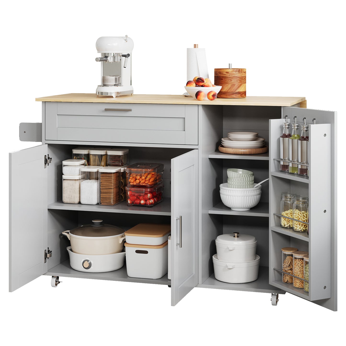 L132.5XW44XH90cm Large Mobile Kitchen Table, Foldable Countertop, Oak Grain, Multifunctional Cabinet, Spice Rack, Towel Rack, 5 Wheels, Suitable For Kitchen Dining Home
