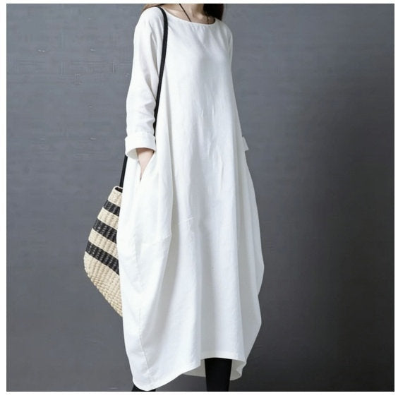 Womens Korean-style Loose-fit Plus-size Cotton-linen Long Dress With Long Sleeves And A Round Neckline