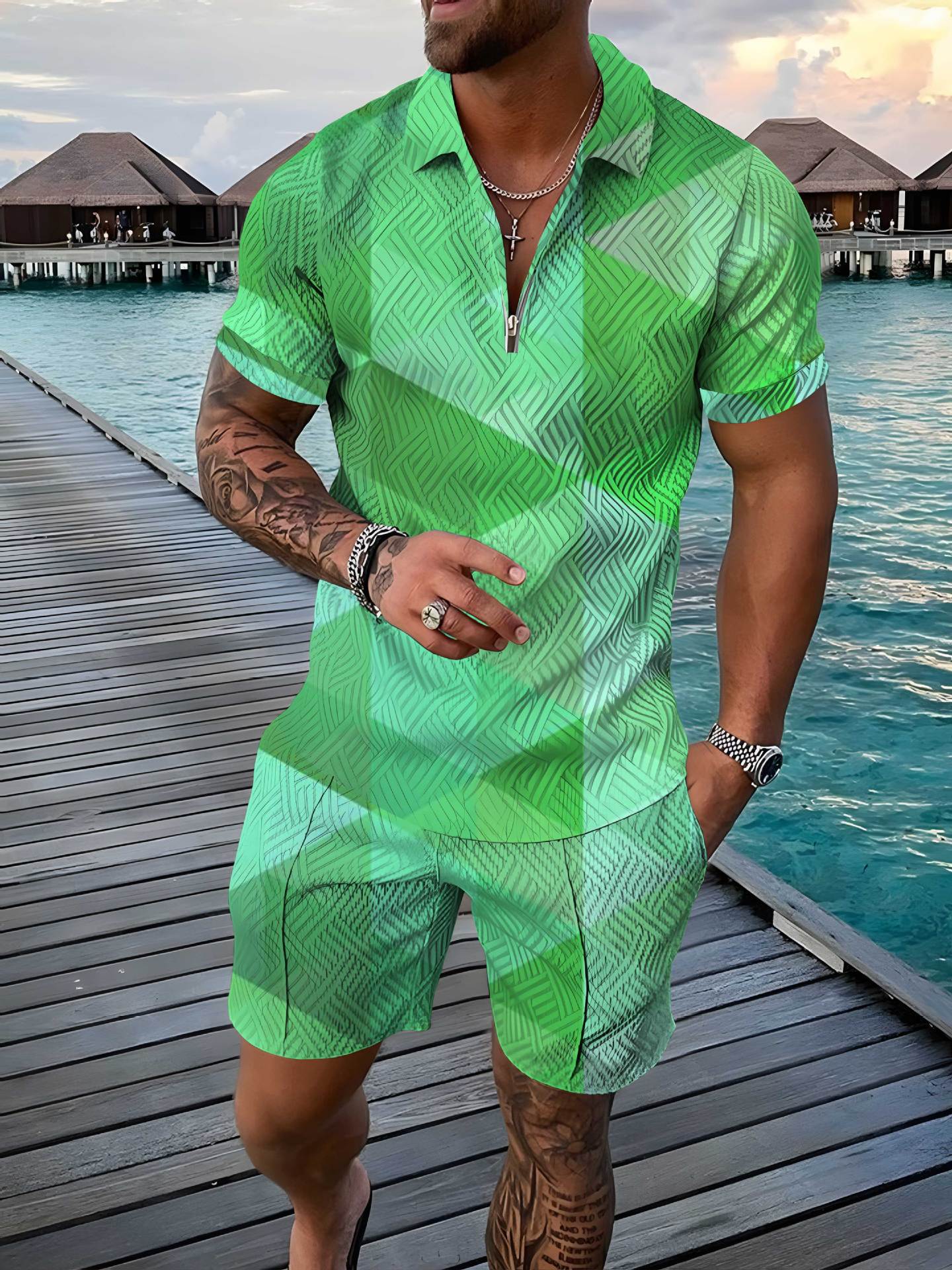 Men's Polo Shirt Summer Fashion 3D Printed Short Sleeve Geometric Zip Lapel