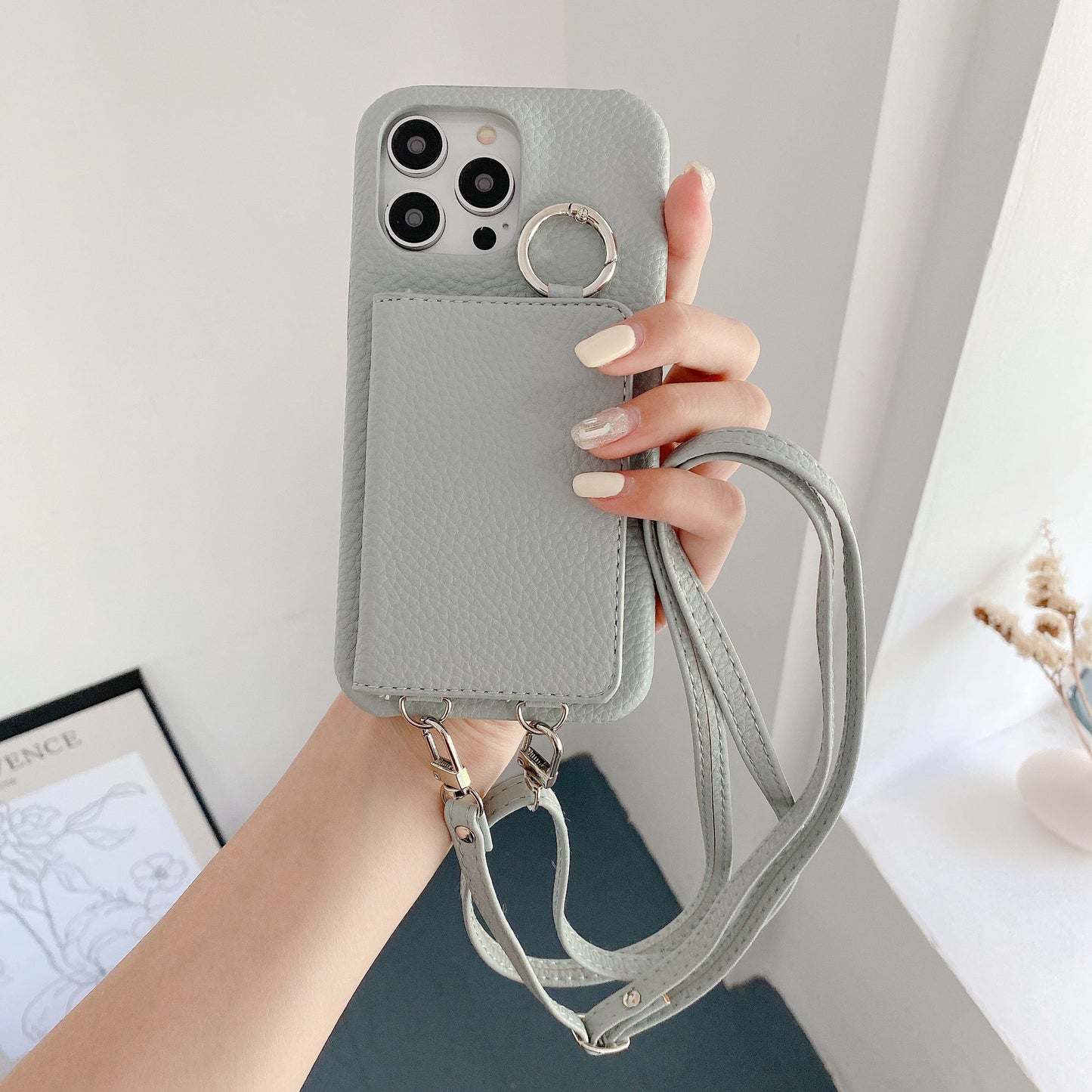 Lychee Pattern Left And Right Open Beauty Mirror Lanyard Phone Case