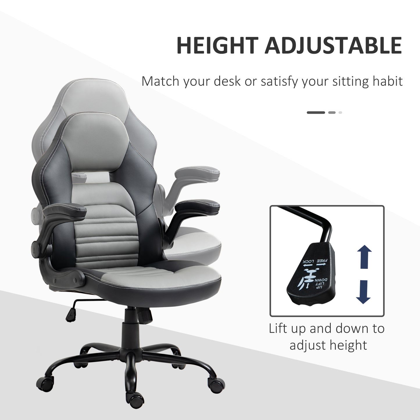 PU Leather Gaming Chair with Flip-up Armrests, Racing Style Computer Chair, Height Adjustable Home Office Chair with Swivel Wheels and Tilt Function, Gray