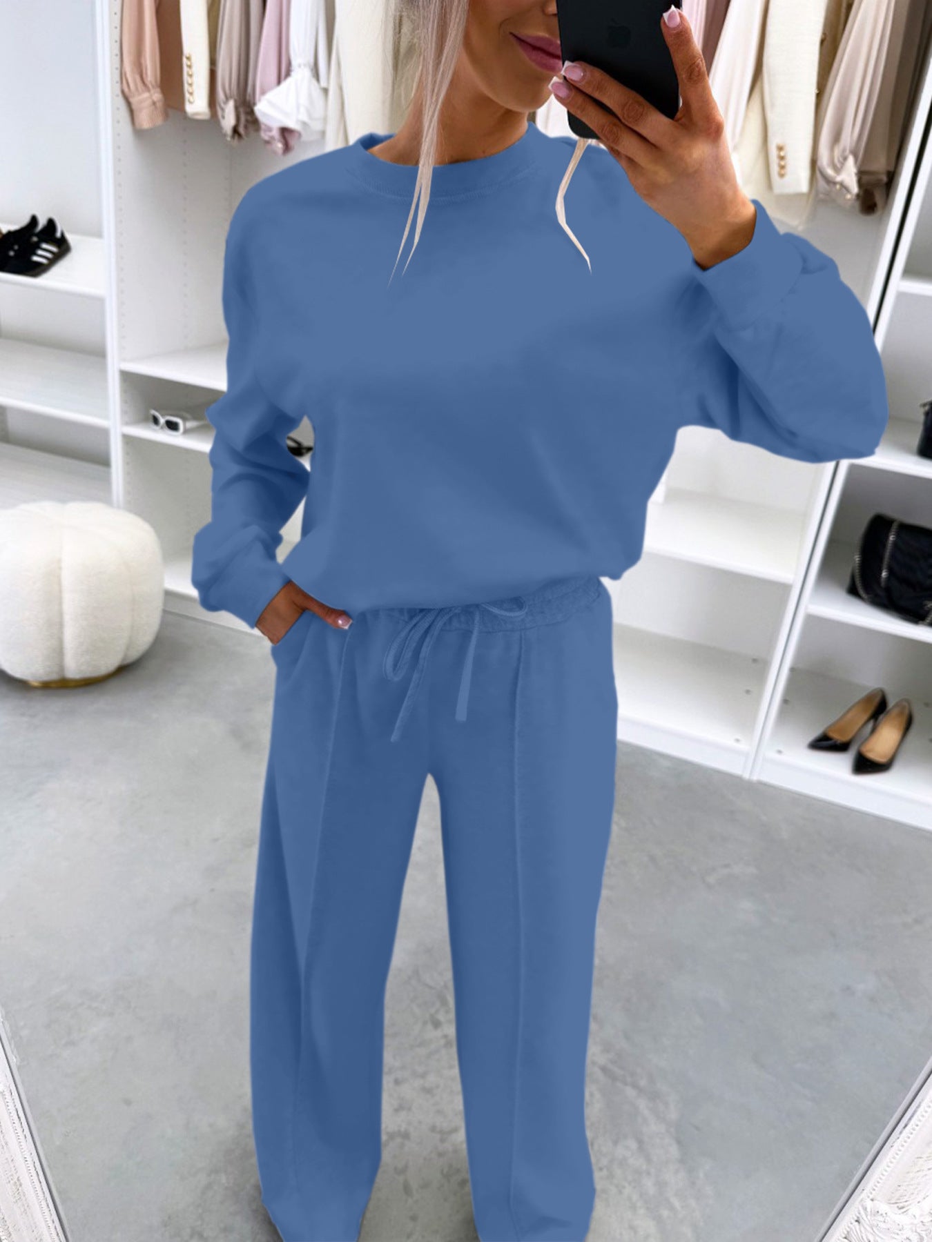 Home-style Drop-shoulder Long-sleeve Top And Casual Pleated Trousers Two-piece Set