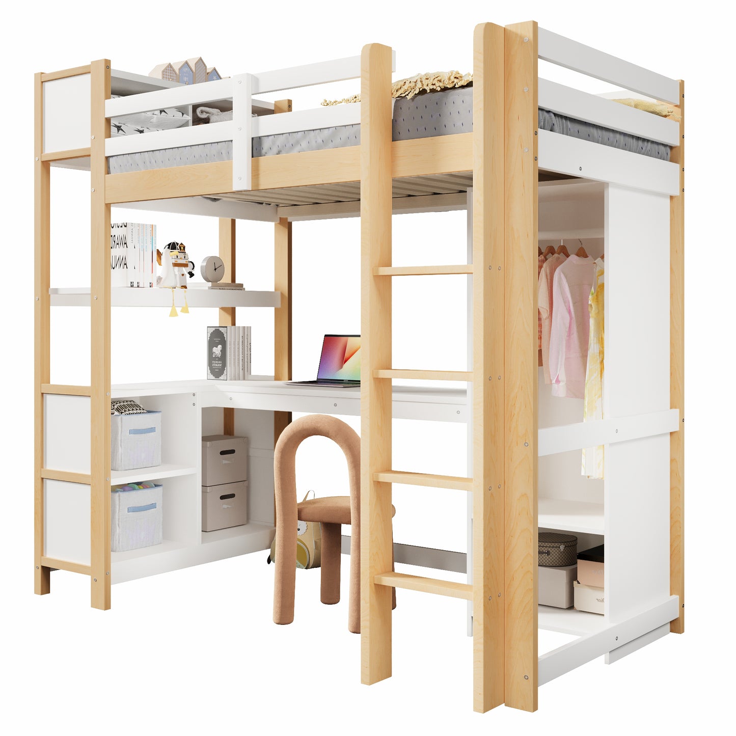 Loft Bed, 90x200 Cm, Shelves, Several Storage Compartments, Desk, Wardrobe, Without Mattress, Natural