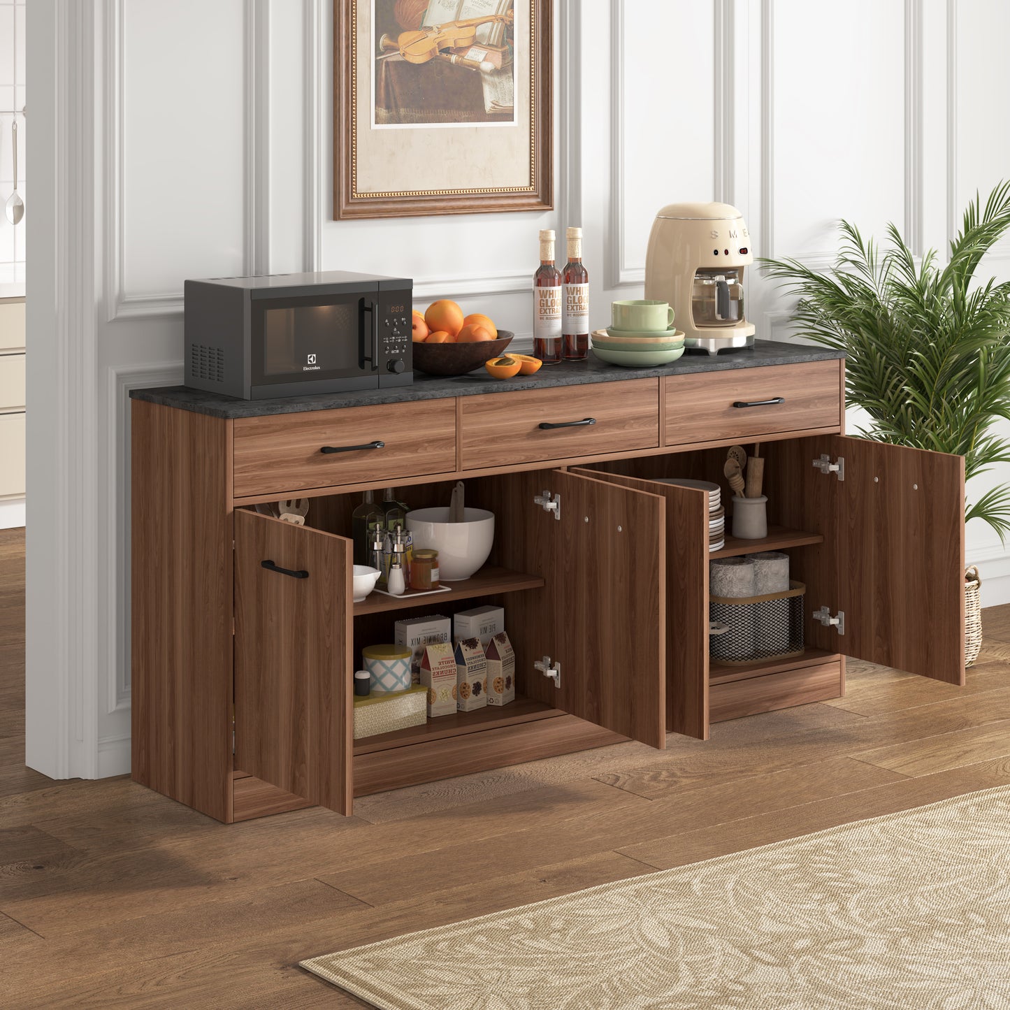 Kitchen Cabinet Sideboard With 3 Drawers & Adjustable Shelves, 160cm Kitchen Island With Concrete Look Worktop, Walnut Look, 76.5x160x37cm
