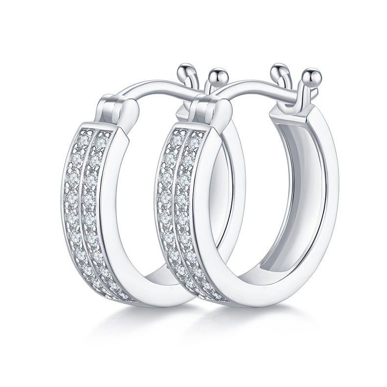 S925 Sterling Silver Moissanite Hoop Earrings For Women  Double Row Pave Snap Closure Earrings With GRA Certificate Platinum Or Rose Gold Or Gold Plated Gift Box Set