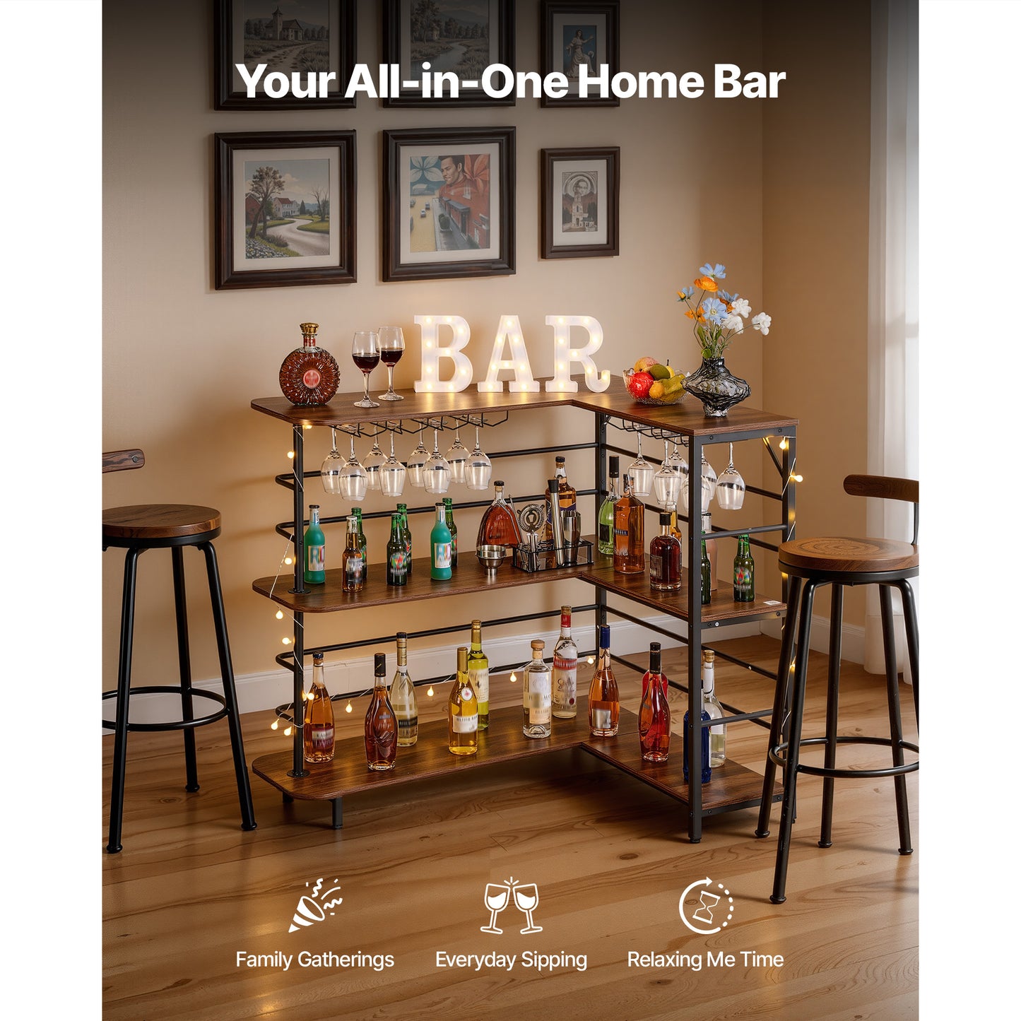 Home Bar Unit, L-Shaped Wine Bar Cabinet Table 3-Tier With Storage Shelves, Adjustable Foot Pads, LED Light, Walnut Finish & Metal Frame Liquor Cabinet For Home, Kitchen,Living Room,Pub,Basement