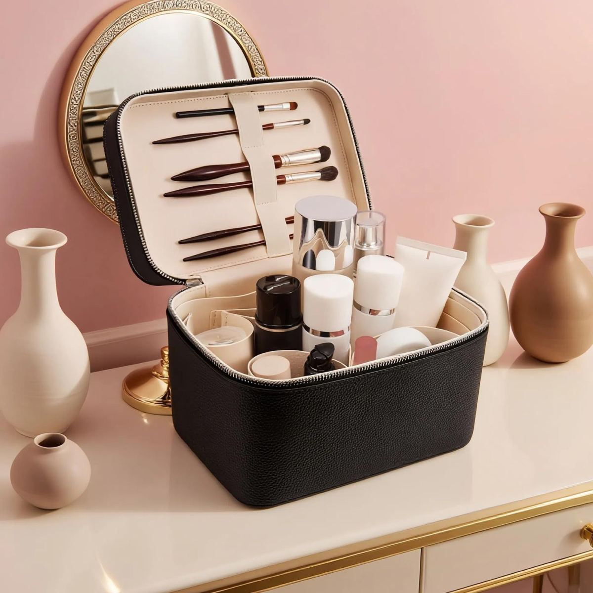 New Double-layer Large-capacity PU Portable Makeup Bag