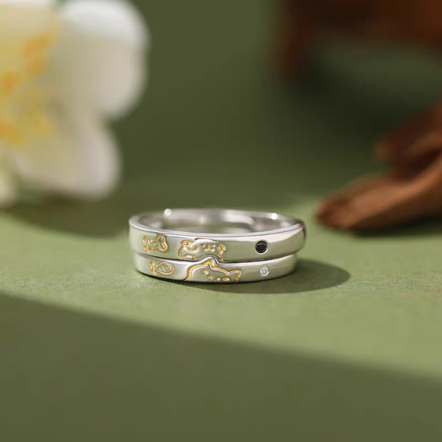 1 Pair 999 Sterling Silver Cat & Dog Couple Rings, Cute Two-Tone Design, Suitable For Daily Wear & Valentine's Gifts