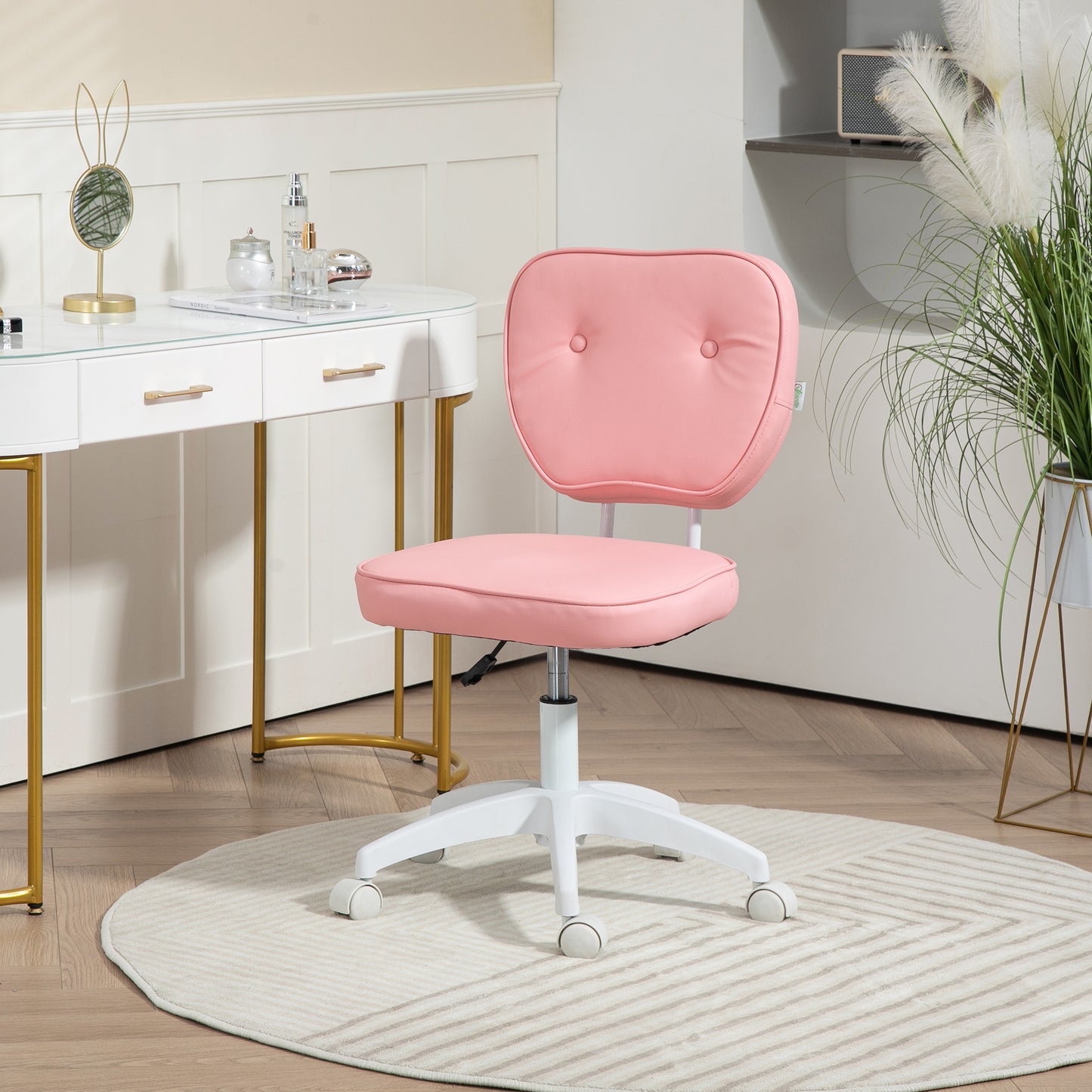 Vinsetto Vanity Office Chair, PU Leather Computer Chair For Home, With Adjustable Height, Armless, Swivel Wheels, Pink