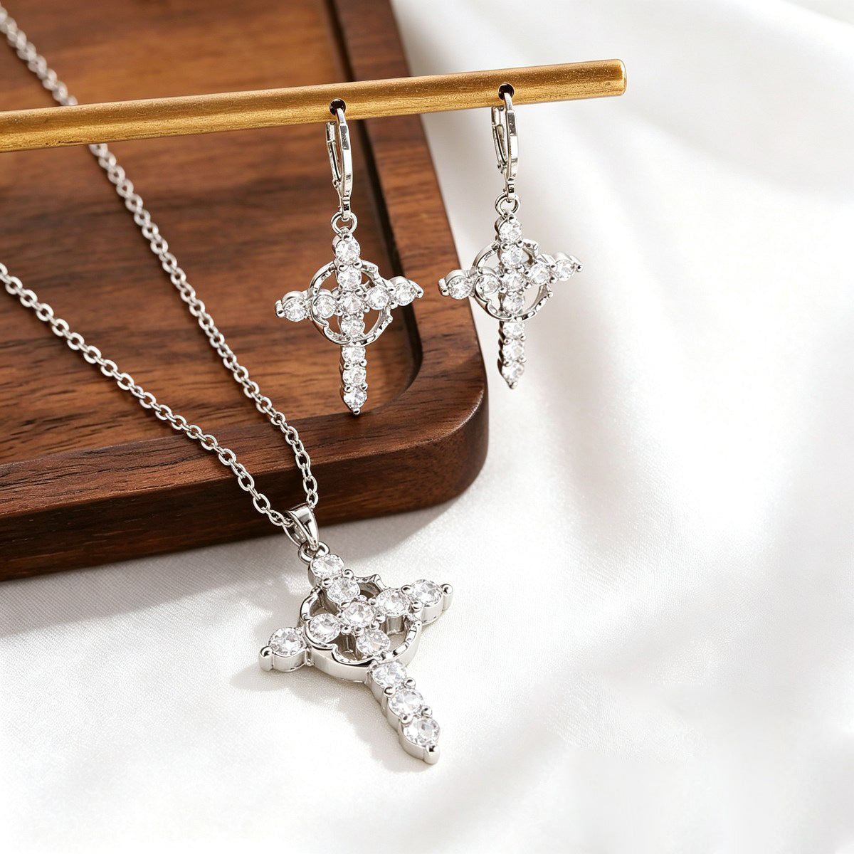 European American Women Jewelry Set, Unique Crown & Cross Pendant Clavicle Necklace & Matching Drop Earrings, Sparkling Cubic Zirconia Inlaid Versatile Daily Neck Ear Accessories