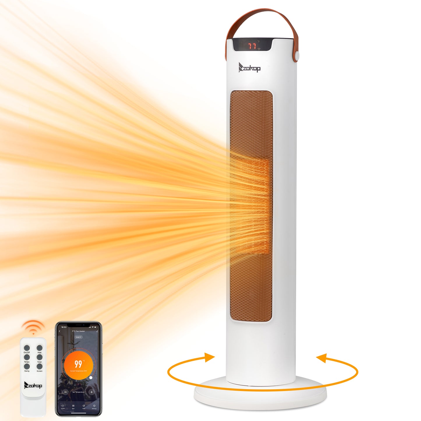 24Inch Tower Space Heater, 1500W Smart Electric Heater With Thermostat, WiFi APP & Remote Control, 60 Degrees Oscillation, 9H Timer, For Indoor Bedroom Office Home, White