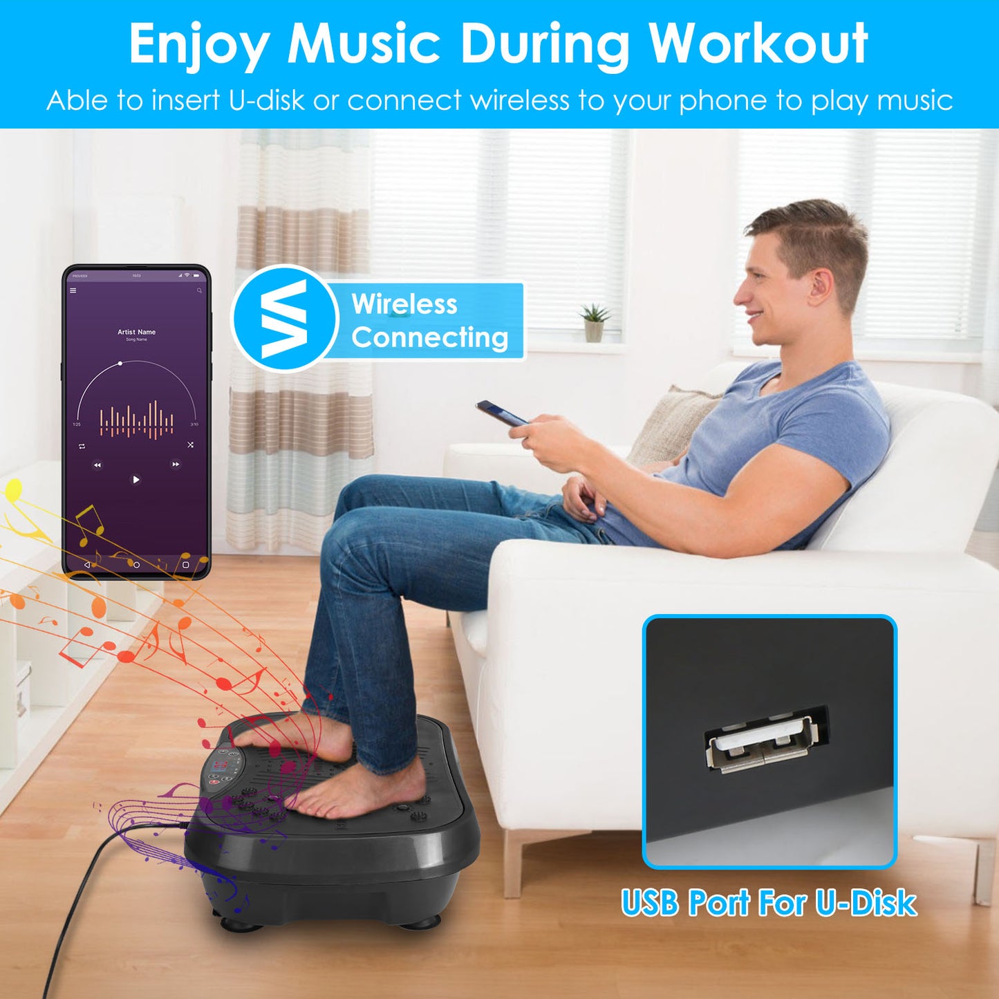 1Pc Vibration Exercise Machine Vibrating Plate Platform Whole Body Fitness Vibration Workout Equipment With 120 Speeds 1-20Mins Timer Resistant Bands Remote Control 330LBS Max Load