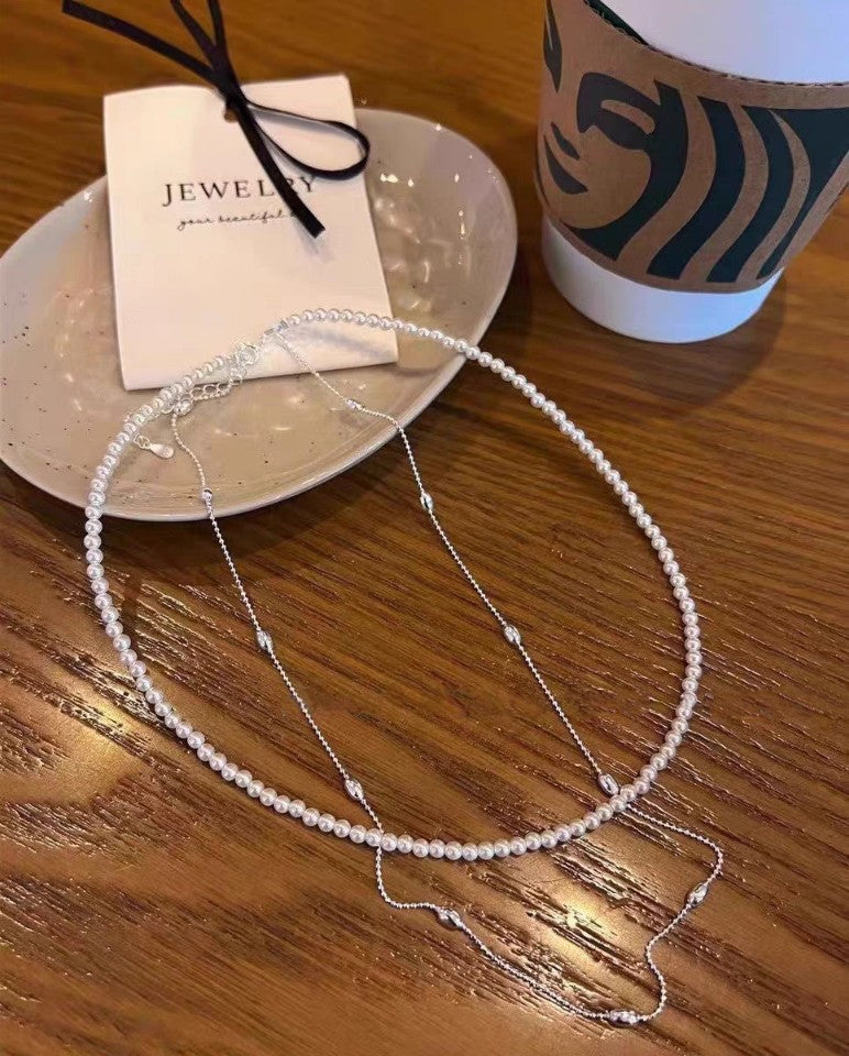 1pc 999 Sterling Silver Double-Layer Natural Pearl Thin Chain Necklace, Minimalist Elegant Style, Perfect For Daily Wear & Valentine's Gifts