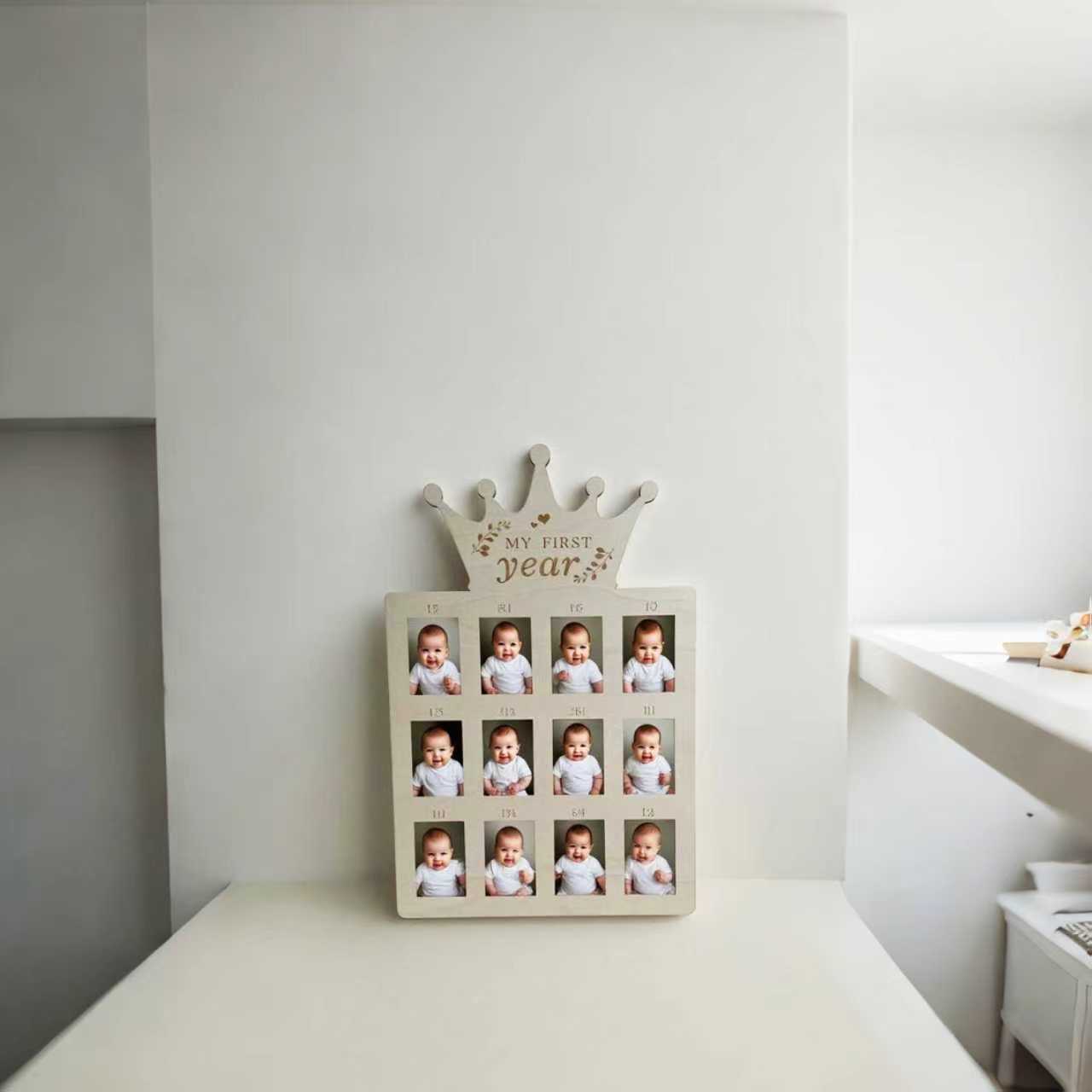 Crown Wooden Baby First Year Photo Frame, My First Year 12 Months Milestone Picture Board, Newborn Monthly Growth Keepsake Decor
