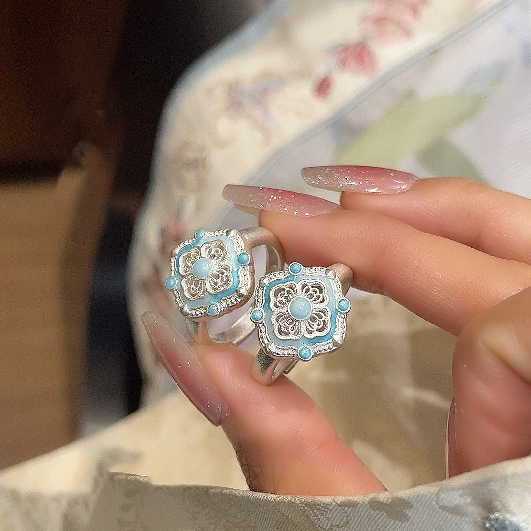 1pcs 999.9 Sterling Silver Filigree Enamel Treasure Flower Ring, Luxury Retro Style, Ideal For Birthdays & Holiday Gifts