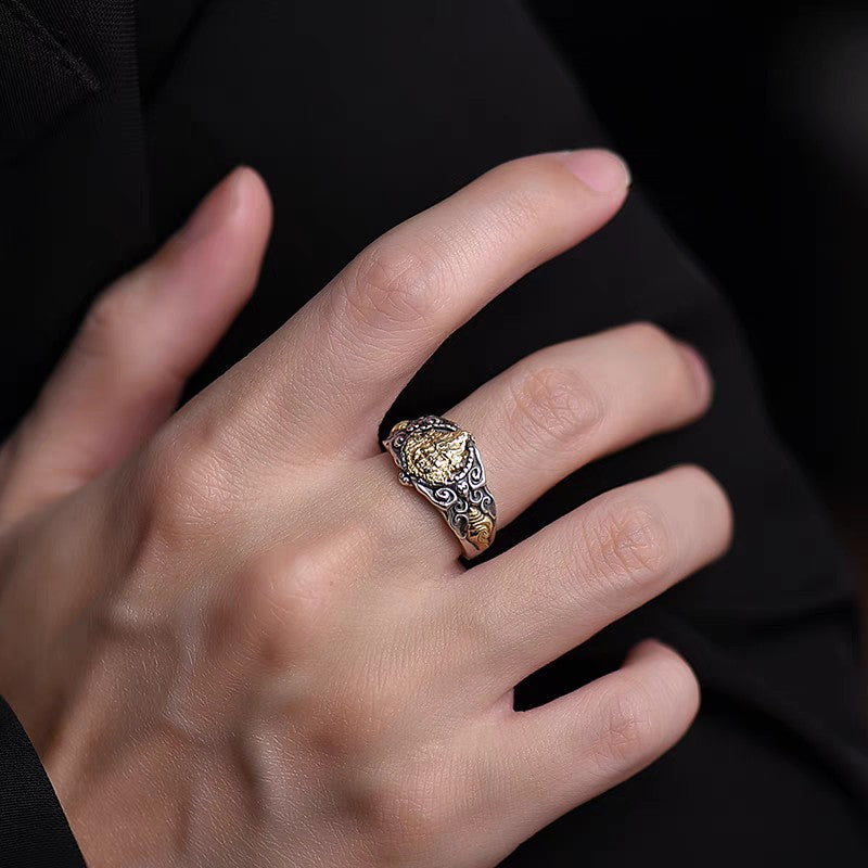1pc 999 Sterling Silver Two-tone Wealth God Open Ring, Retro Ethnic Style, Perfect For Daily Wear & Valentine's Day Gift