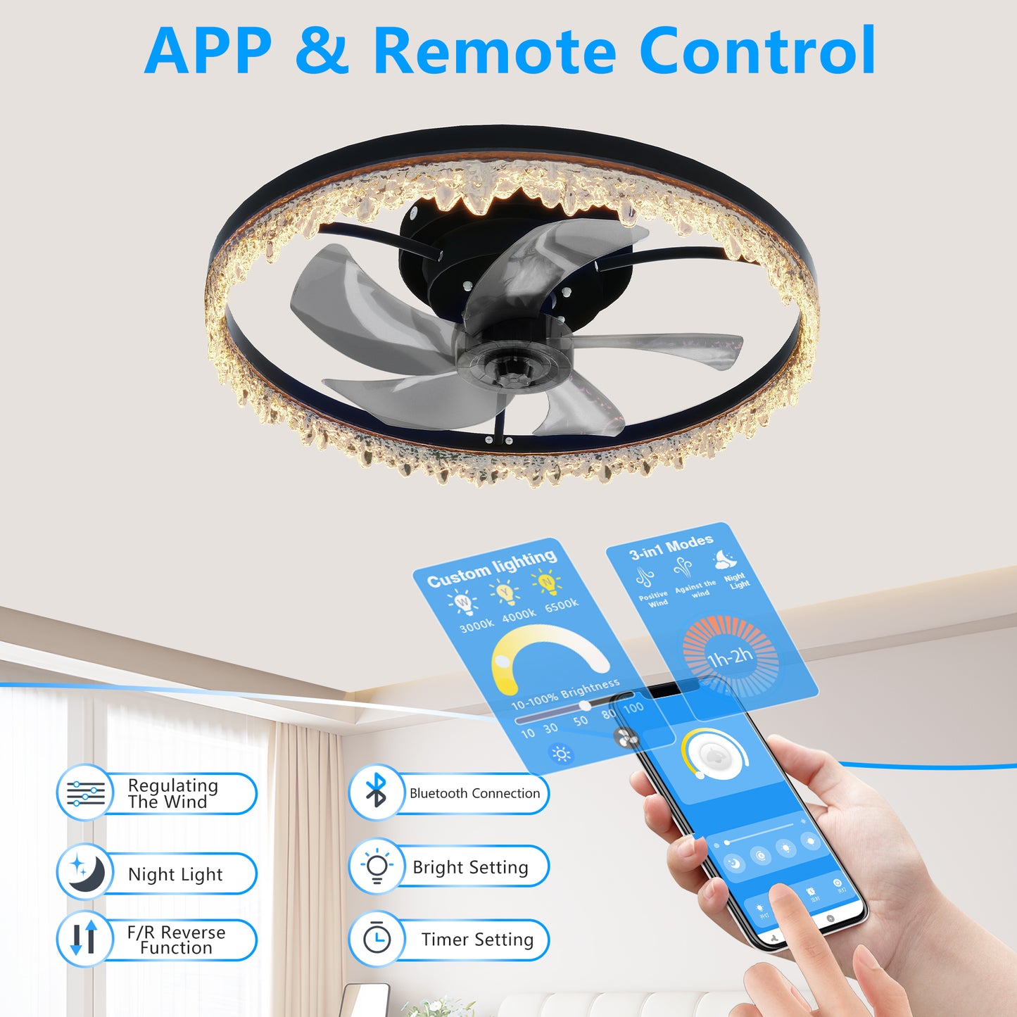 Smart Flush Mount Ceiling Fan With Light-20-inch Integrated LED Chandelier With 5 Invisible Blades, Remote Control & Timer, Dimmable Lighting, Ultra-Quiet Operation For Bedroom, Living Room, And Din