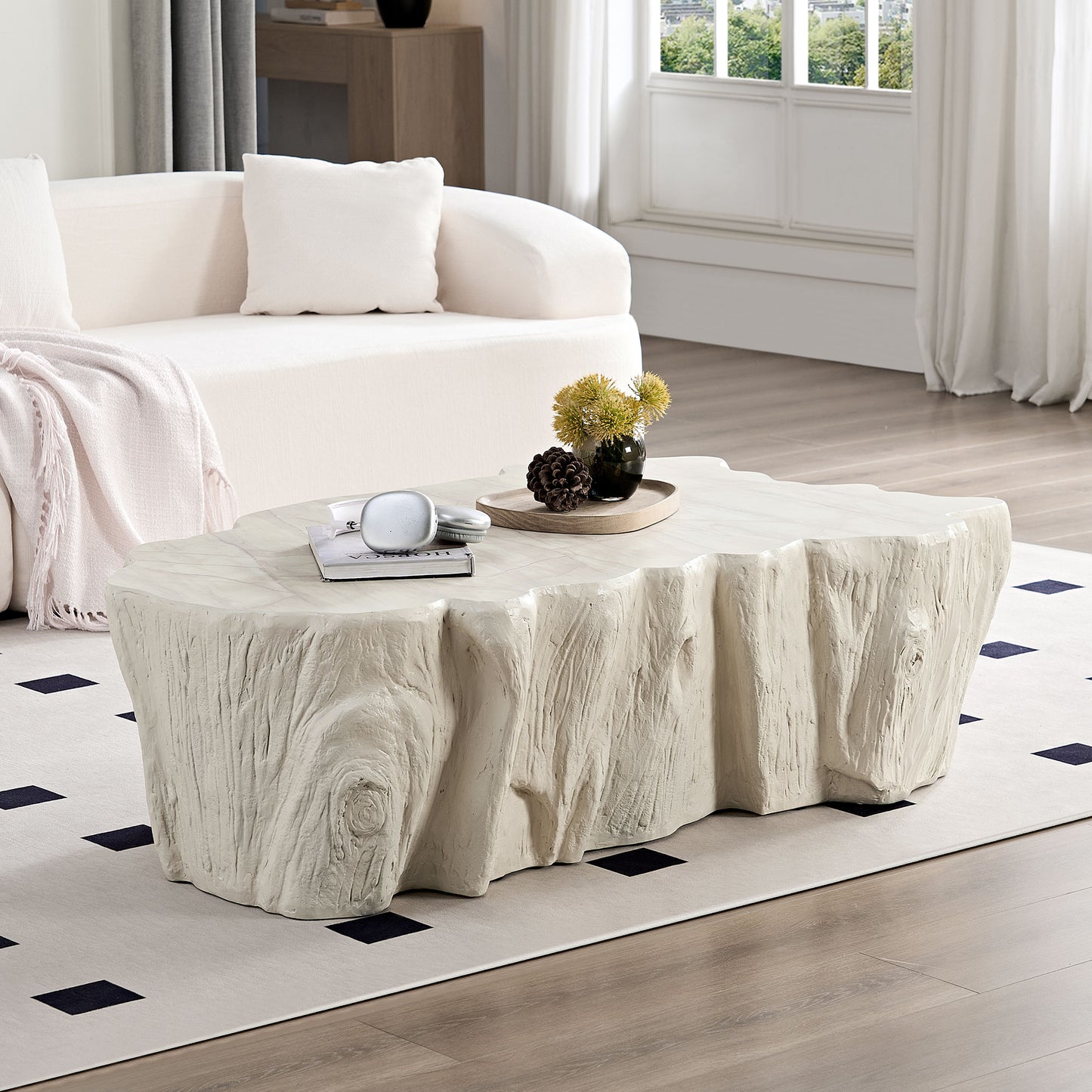 48.62 Inch Unique Shape Coffee Table Sturdy Fiberglass Tea Table For Living Room No Need Assembly Beige