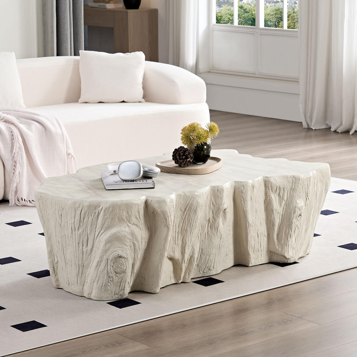 48.62 Inch Unique Shape Coffee Table Sturdy Fiberglass Tea Table For Living Room No Need Assembly Beige