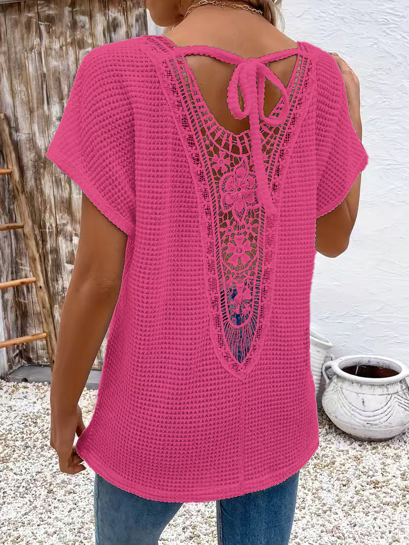 Womens Lace-Panel V-Neck Fashion T-Shirt