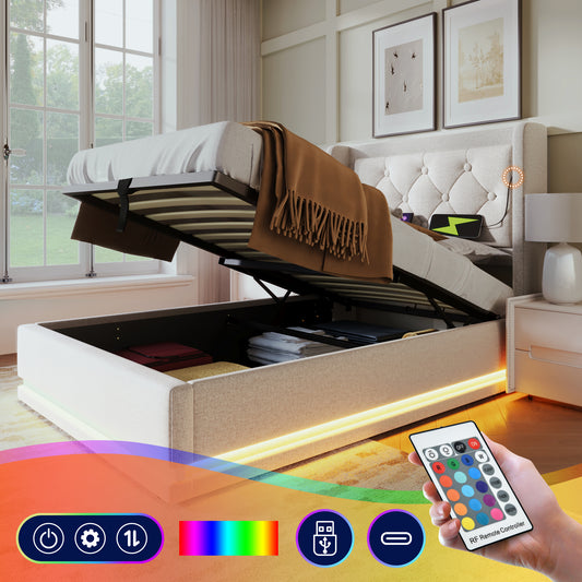 Upholstered Bed Single Bed 90x200 Cm, Beige Cotton Material Hydraulic Storage Bed, Upholstered Headboard With USB Type-C Charging Function, 3-Sided LED Function Without Mattress