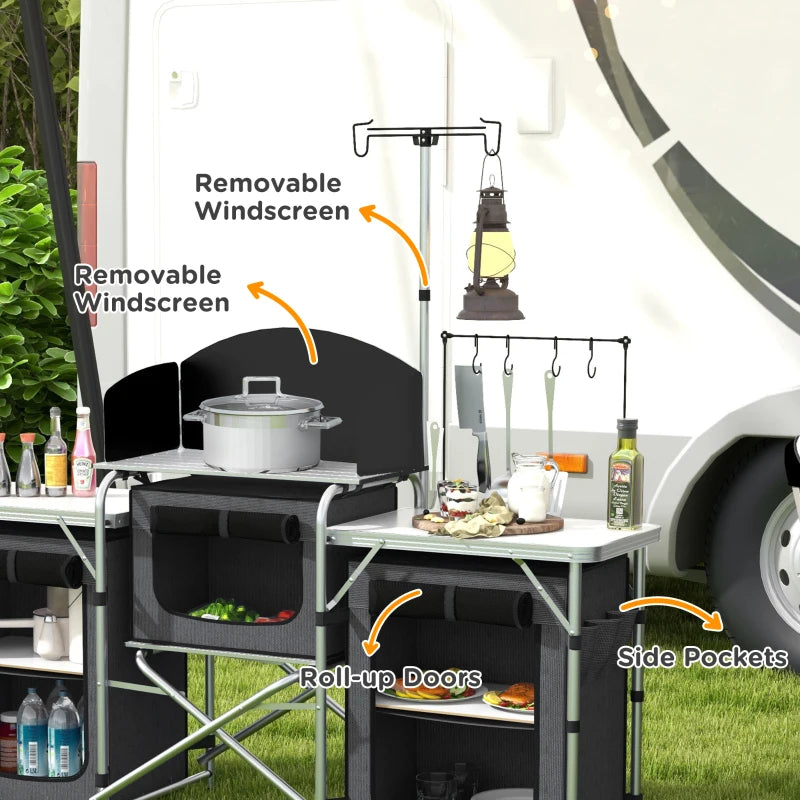 Aluminum Camping Kitchen, Portable Folding Camping Table With Fabric Cupboards, Windshield, Bag For BBQ, Picnic, Black
