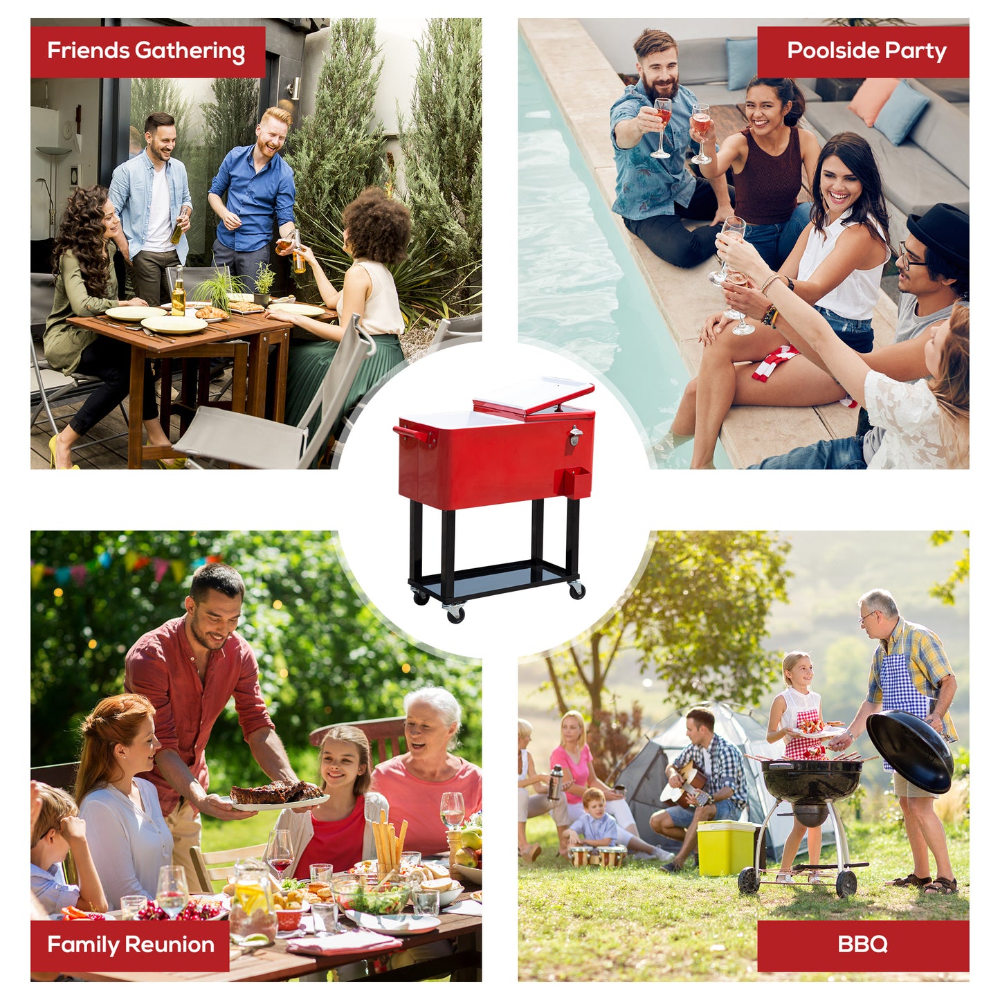 80 QT Rolling Cooling Bins Ice Chest on Wheels Outdoor Stand Up Drink Cooler Cart for Party, Red
