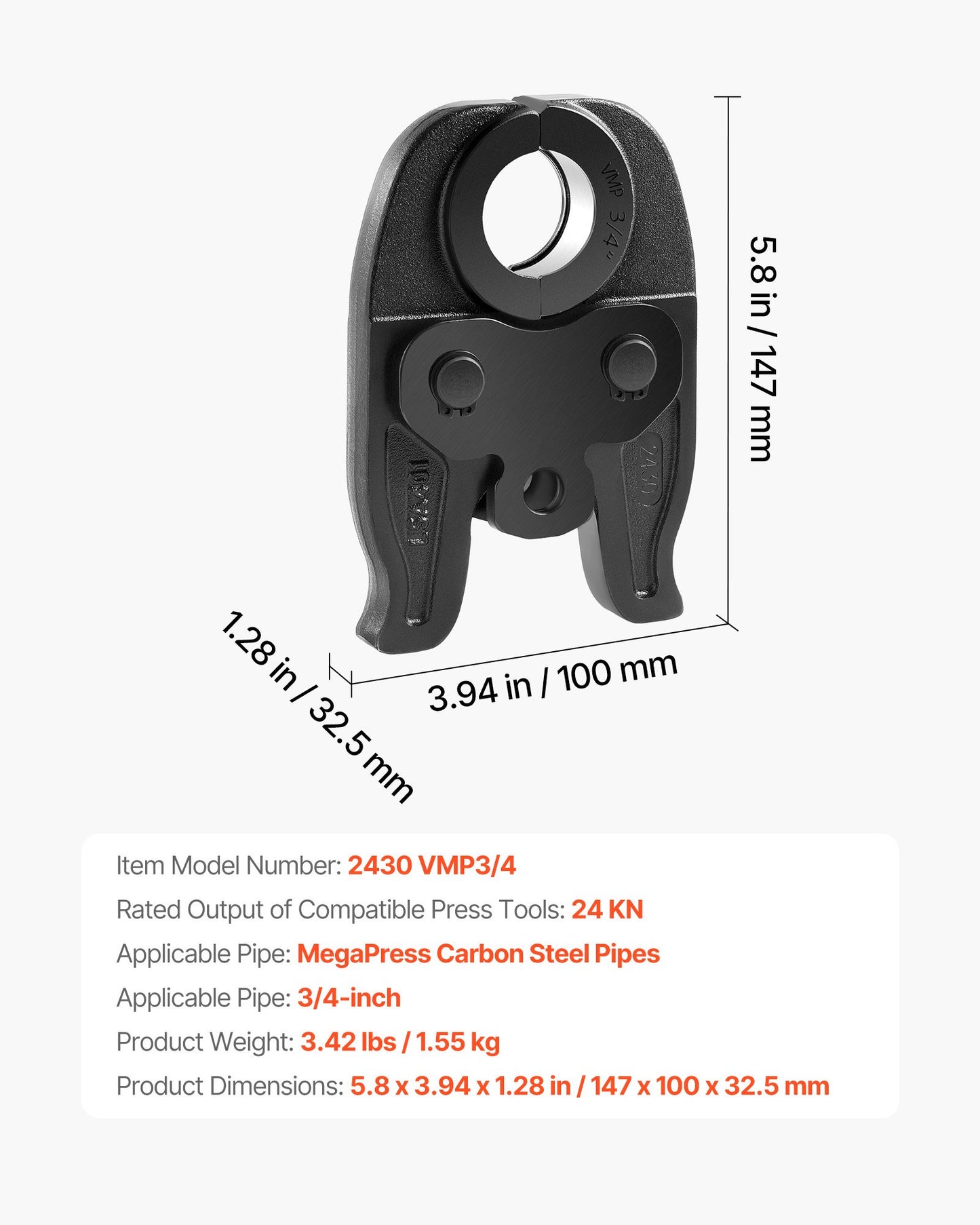 3/4" MegaPress Jaw For Compact Series Press Tools, 52 HRC Hardened Steel Pressing Jaw - Compatible With 24KN Press Tools For Carbon Steel Pipes Connections