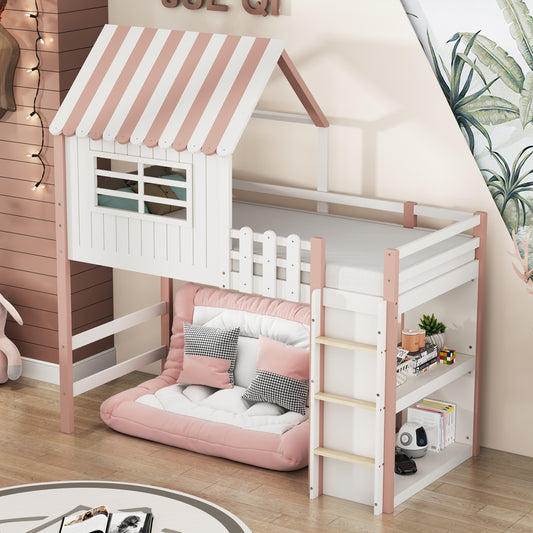 Children's Bed 90x200 Cm High And Low Bed For Boys And Girls Home Bed Roof Shape With Safety Ladder With Storage Compartment Multifunctional Bed Solid Wood Bed With Slatted Base Pink