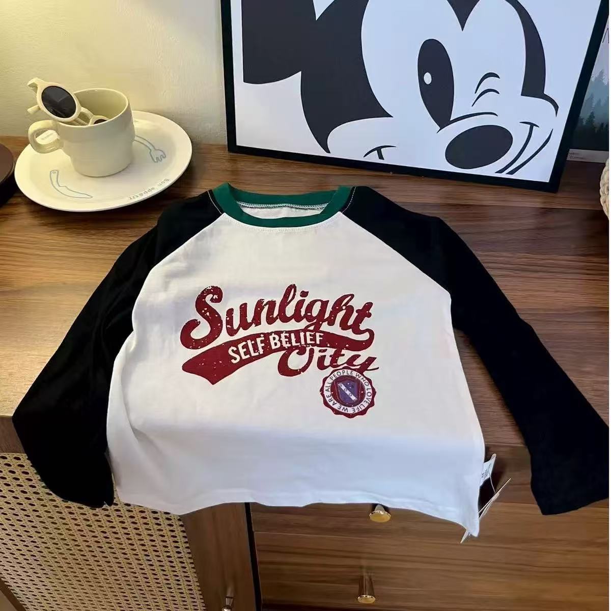 Girls' Cotton Top, Korean-Style Color-Block Raglan Long-Sleeve T-Shirt