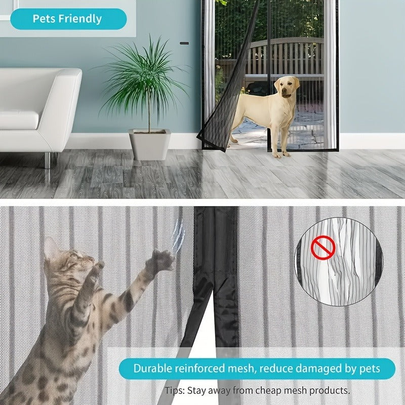 1 Black Magnetic Screen Door Curtain - Pet-friendly, No-drill Installation, Durable Fine Mesh With Strong Magnets, Breathable And Tear-resistant, Includes Push Pins And Double-sided Tape, Magnetic Doo