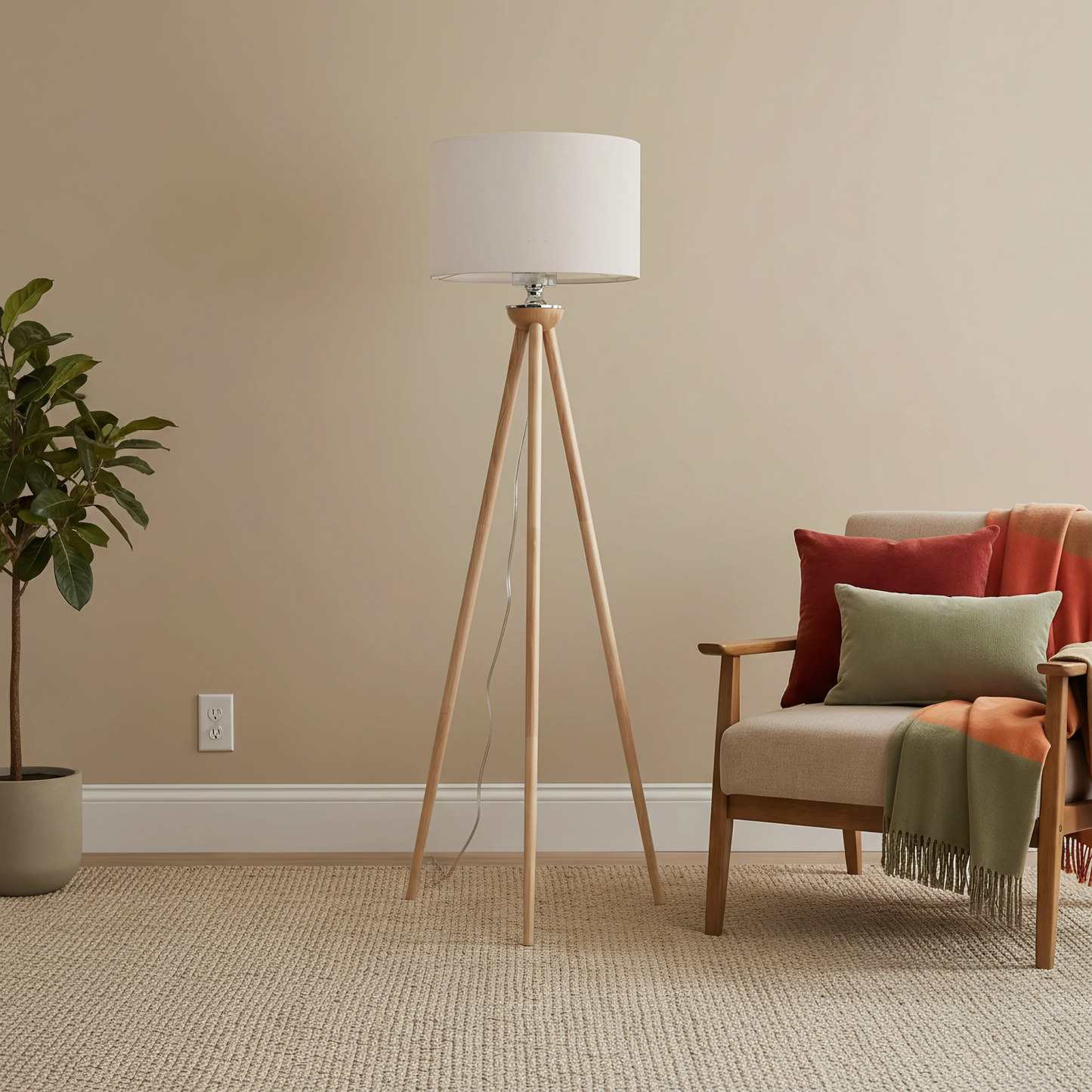 Tall Corner Floor Lamp, Energy Efficient LED Standing Light For Living Room, Bedroom & Office Space Illumination Lirios Three Legged Wooden Strip Floor Lamp - Natural 110V