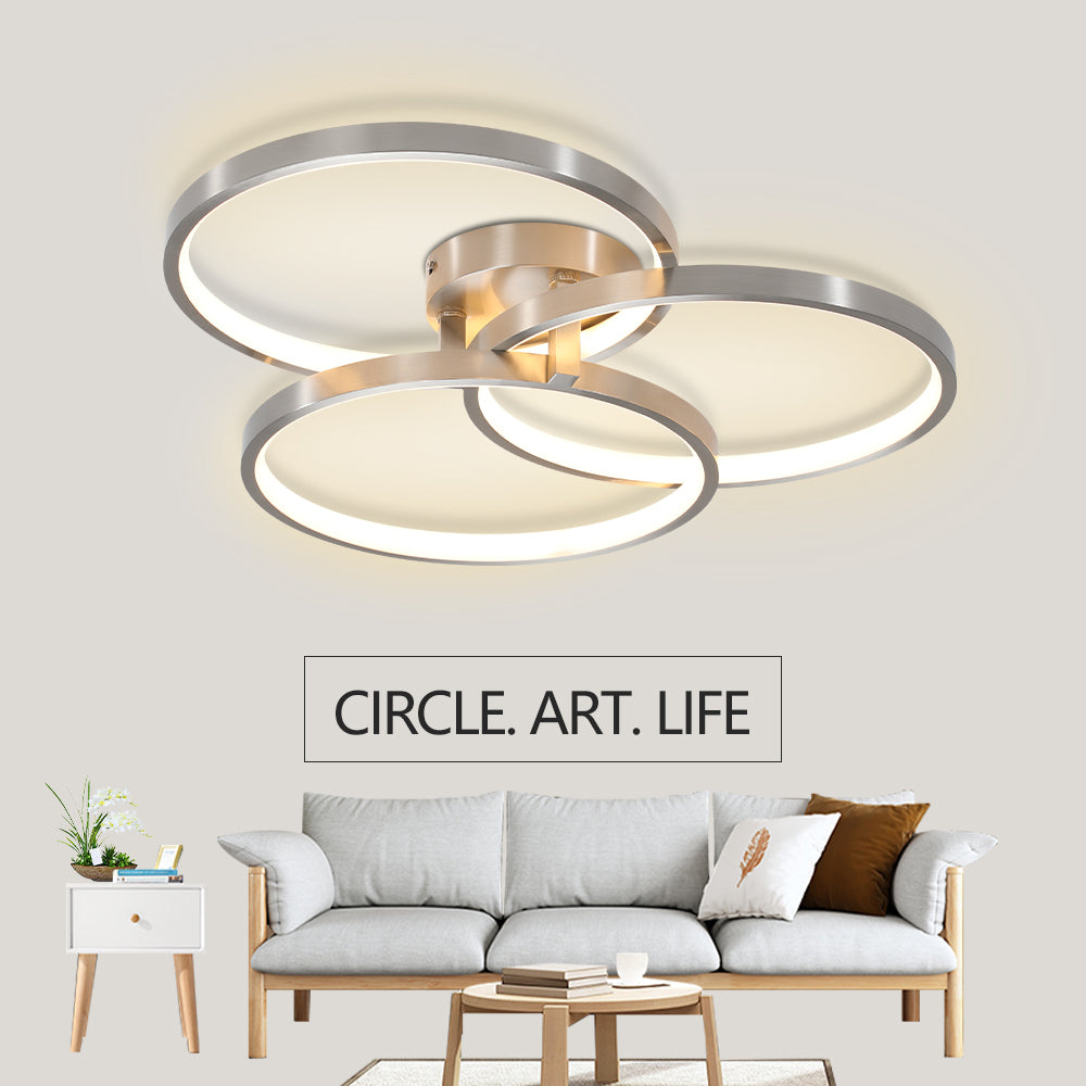 20in Modern LED Ceiling Light Fixture - Circular 3-Ring Design, Dimmable, Contemporary Brushed Nickel Finish For Living Room, Bedroom & Office