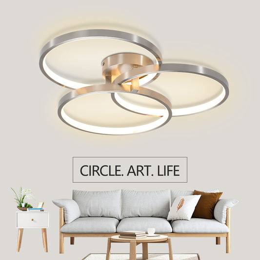 20in Modern LED Ceiling Light Fixture - Circular 3-Ring Design, Dimmable, Contemporary Brushed Nickel Finish For Living Room, Bedroom & Office
