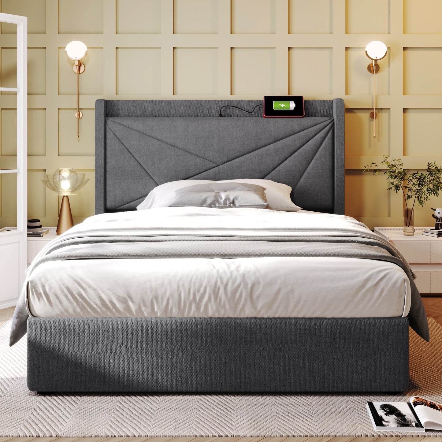 Upholstered Bed Single Bed Storage Bed Box With USB Type C Charging Function Headboard,Storage Beds Bed Frame Made Of Linen Material Youth Bed 90x200 With Slatted Base  Without Mattress