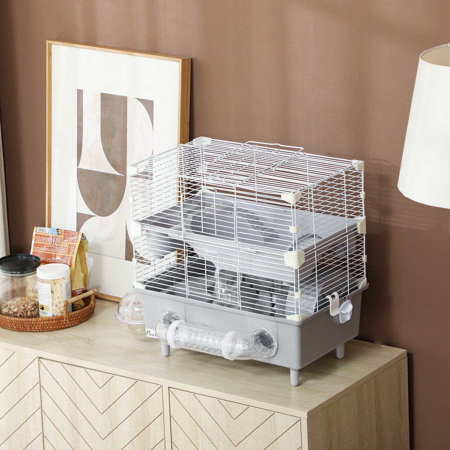 2-Tier Hamster Cage With Sand Bathroom Running Wheel Water Bottle Tubes Accessories