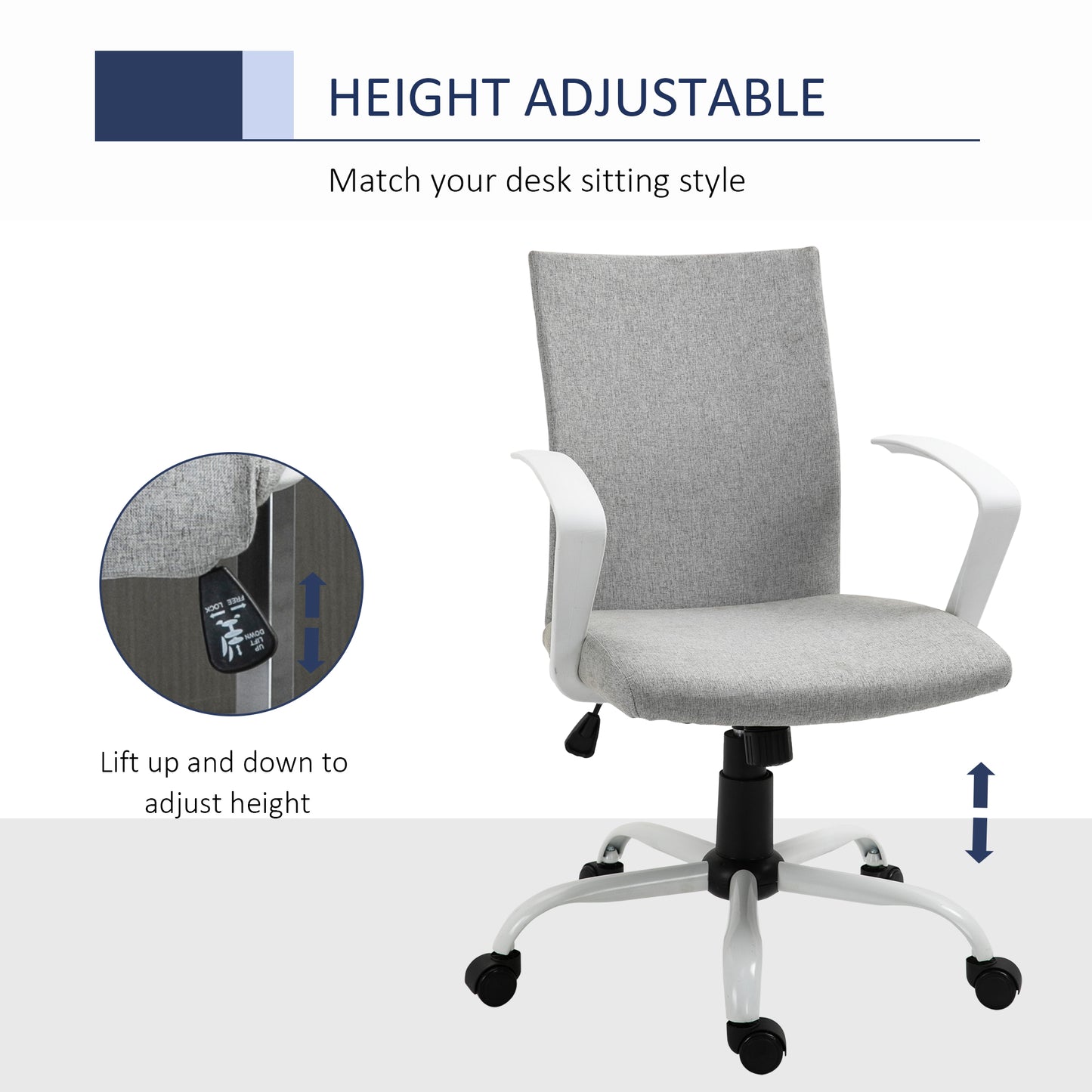 Vinsetto Office Chair Linen Swivel Computer Desk Chair Home Study Task Chair With Wheels, Arm, Adjustable Height, Light Grey